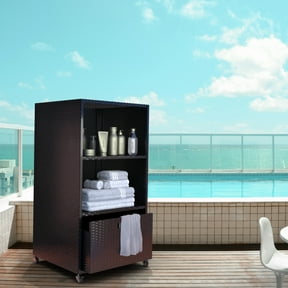 Pool Towel Rack Outdoor, Waterproof PE Plastic Rattan Wicker Pool Storage Bins Storage Cabinet Organizer, Poolside Towel Caddy with Rolling Wheels for Hot Tub Spa Accessories,Black