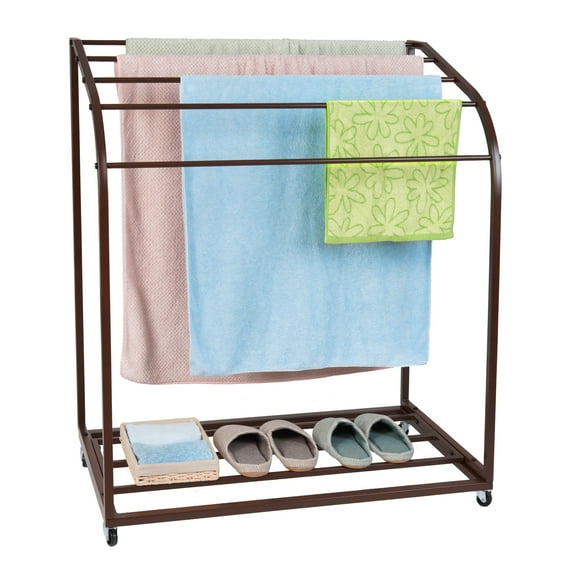 Pool Towel Rack Outdoor with Wheels, PVC Trapedozal Outdoor Towel Rack for Pool, 5 Bar Curved Towel Rack, Free Standing Poolside Storage Organizer,Towel Stand for Beach, Pool, Indoor