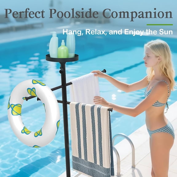 Pool Towel Rack Outdoor with Built-in Tray Adjustable, Heavy-Duty Towel Racks & Storage for Backyards