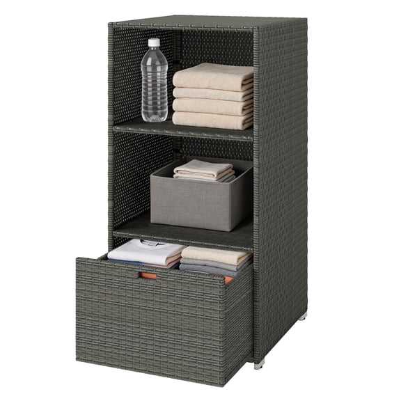 Pool Towel Rack, PE Rattan Wicker Organizer, 2 Shelves & Drawer, Water-Resistant, Dark Gray
