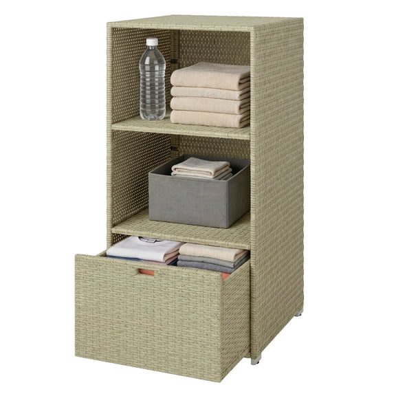 Pool Towel Rack - Water-Resistant PE Rattan Organizer - 2 Shelves & Basket - Outdoor Indoor Storage for Poolside, Bathroom, Spa