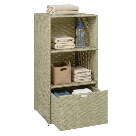 Pool Towel Rack - Water-Resistant PE Rattan Organizer with Shelves & Drawer