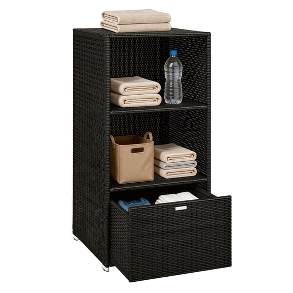 Pool Towel Rack - Water-Resistant PE Rattan Storage Organizer - 2 Shelves & Basket - Outdoor Indoor Towel Valet for Poolside, Spa, Bathroom