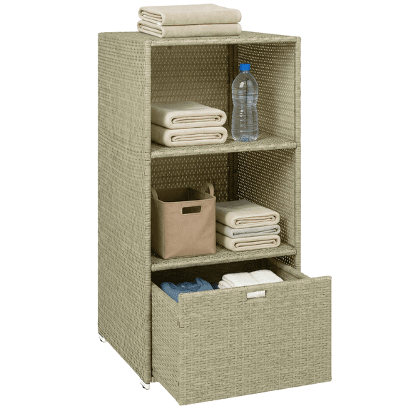 Pool Towel Rack Water Resistant - PE Rattan Wicker Storage Organizer - 2 Shelves & Basket - Indoor Outdoor