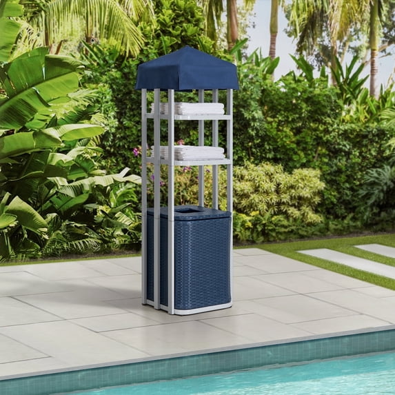 Pool Towel Valet Tower with 2-Tier Shelves and A Large All-Weather Wicker Storage Basket for Dirty Towels, Aluminum Frame, Navy