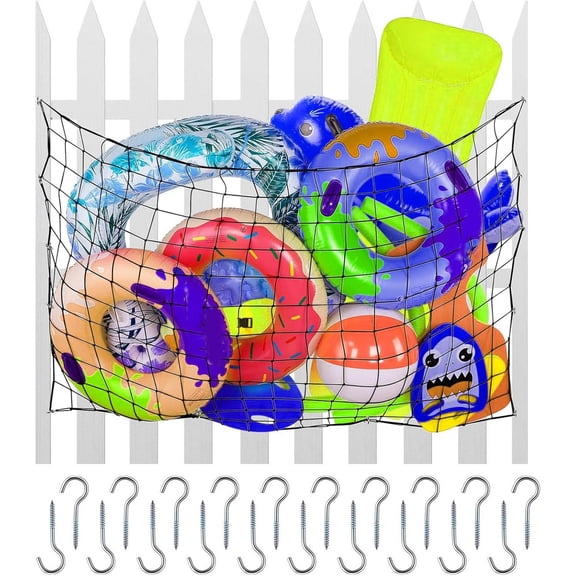 Pool Toy Float Storage Net - Hanging Heavy-Duty Elastic Mesh Net Organizer with Hooks, Swimming Poolside Fence Holder for Inflatable Rafts, Noodles, Balls, Chairs