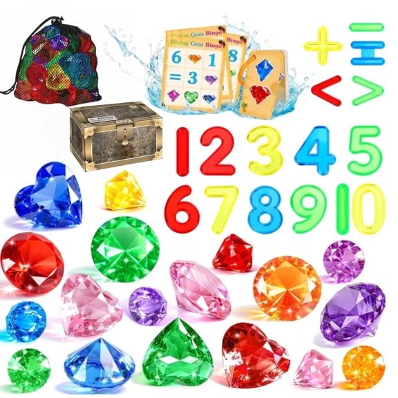 Pool Toys Diving Gems 53 Pcs Search and Find Pool Games Diving Toys with Dive Gems Acrylic Numbers Scavenger Hunt Game Cards & Mesh Bag Fun Summer Water Party Favors for Kids 4-12