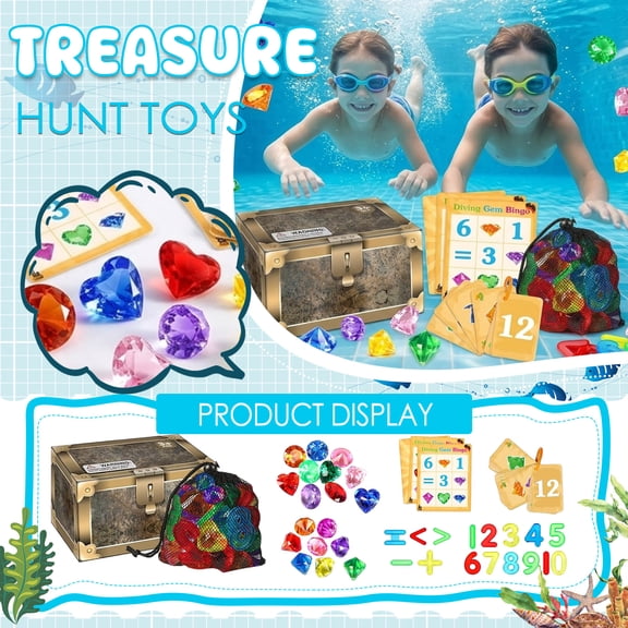 Pool Toys Diving Gems Search and Find Pool Games Diving Toys with Dive Gems Acrylic Numbers Scavenger Hunt Game Cards Mesh Bag Fun Summer Water Party Favors for Kids 4-12