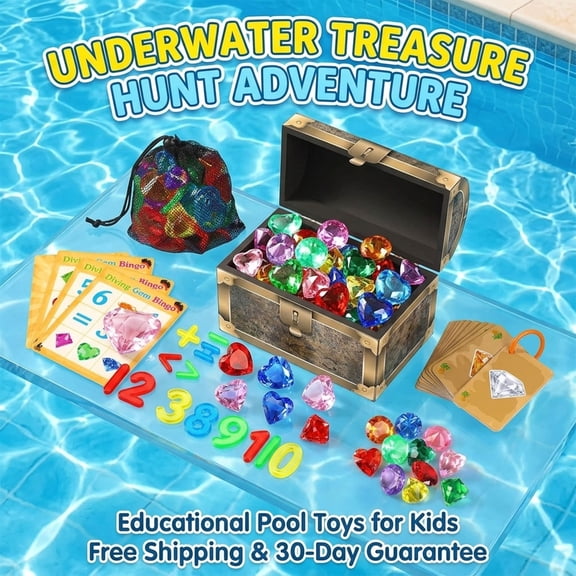 Pool Toys Diving Gems, Search and Find Pool Games, Diving Toys with Dive Gems, Acrylic Numbers, Treasure Hunt Game Cards & Mesh Bag, Fun Summer Water Party Favors for Kids 4-12