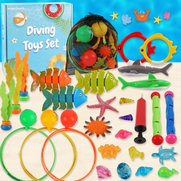 KiddiTouch 31 pcs Pool Toys for Kids and Adults,Swim Thru Rings Game Diving Toy with Big Dive Ring Storage Bag Underwater Treasures Starfish Fun Water Swimming