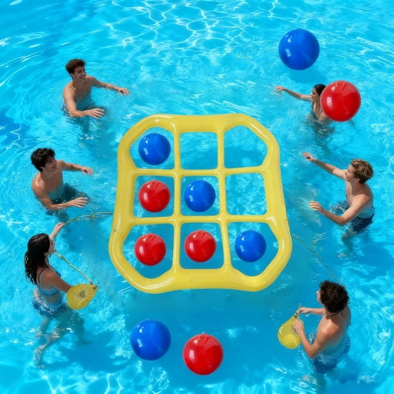 Pool Toys Games Set,53.9 × 51.1 × 5.5 in,Tic Tac Toe Inflatable Pool Floats Adult with 10 Balls,Floating Pool Games for Adults,Inflatable Pool Floaties for Pool Party Yellow