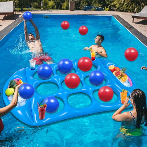 Pool Toys Games Set, Floating Inflatable Tic-Tac-Toe Toss Game Toys for Kids Adults, Summer Party Swimming Pool Lake Beach Water Games with 12 Balls, Cup Holder and Fruits Colder