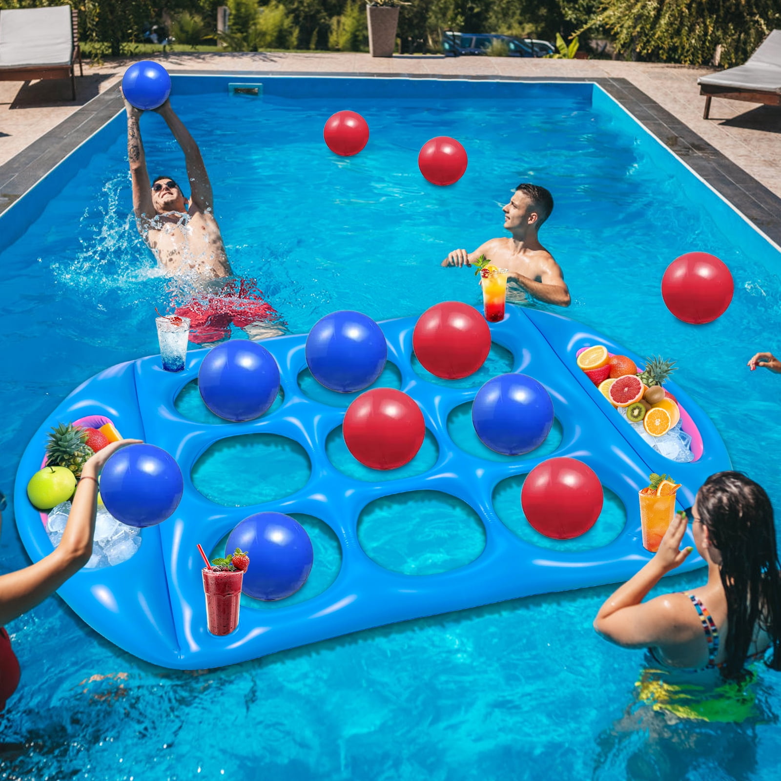 Pool Toys Games Set, Inflatable Floating Tic-Tac-Toe with 12 Balls, Cup Holder and Fruits Colder for Adults Teens Kids 2-8 Players