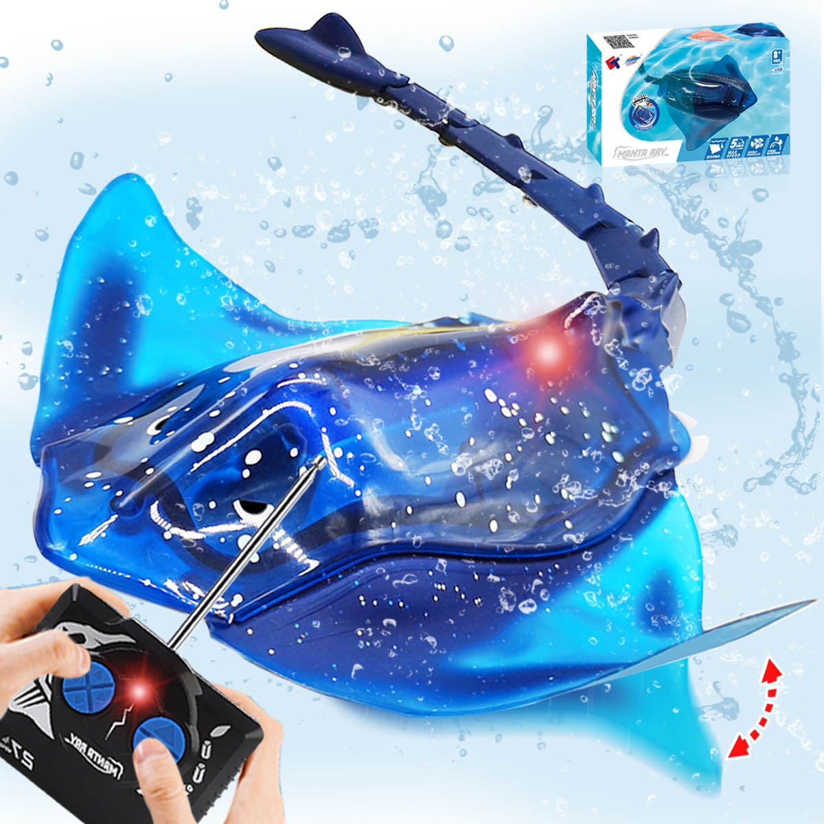 Pool Toys Remote Control Stingray Diving into Water High Simulation Manta ray Lights bulit-in Rechargeable Battery Remote Control Bathtub Summer Pool Toys Great Gift RC Boat for 8-12 Year Kids Blue