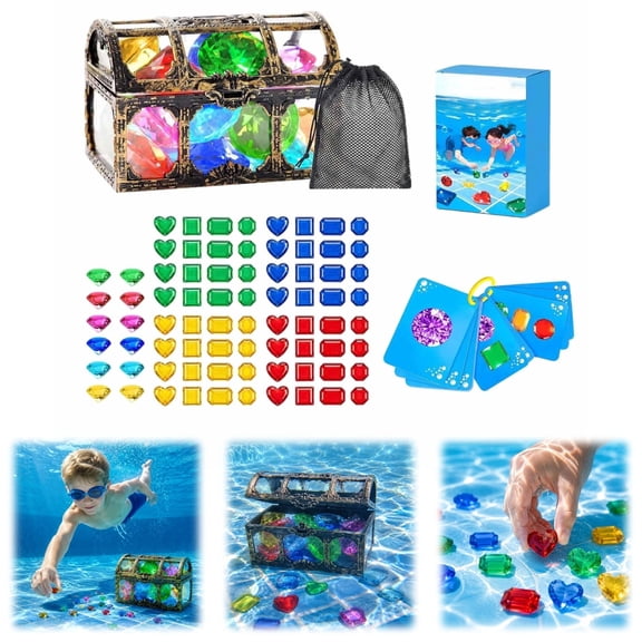 Pool Treasure Hunt Games with Diving Gems, Summer Swimming Activity for Pool Party Beach Fun, Waterproof Games, 60 Sinking Gems Pirate Chest & 35 Cards