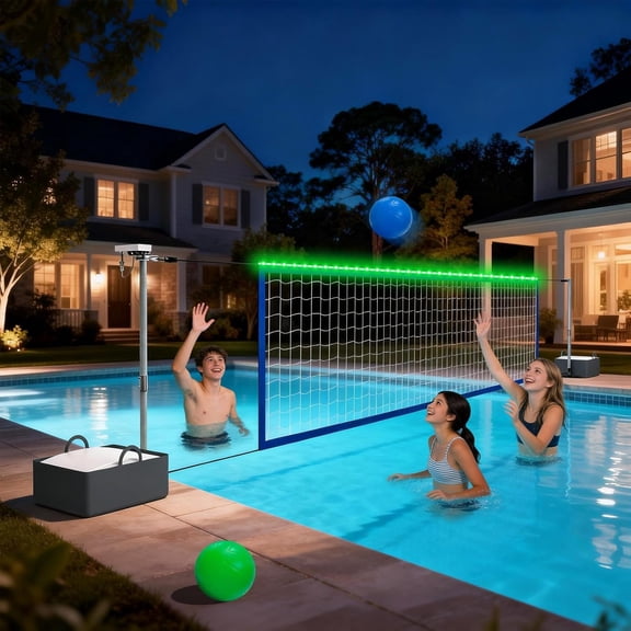 Pool Volleyball Net Set with LED Lights, Larger Solar Panel - High Brightness Volleyball Net for Inground Pools, Adjustable 15-32ft Length Outdoor Water Volleyball for Backyard Party