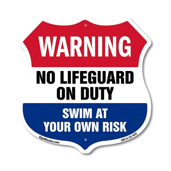 Pool Warning Shield Sign No Lifeguard On Duty Swim At Your Own Risk 12 inch X 12 inch Shield-Shaped Rust-Free Aluminum Metal Sign Weather Resistant, UV Protected Made in the USA