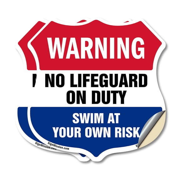 Pool Warning Shield Sign No Lifeguard On Duty Swim At Your Own Risk (2 Pack) 6 inch X 6 inch Shield Shaped Heavy Duty 3.2 mil Vinyl Decals Weather Resistant, UV Protected Made in the