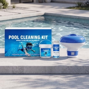 Pool Water Maintenance Kit with Chlorine Tablets Test Strips and Floating Dispenser for Clear Swimming Pools