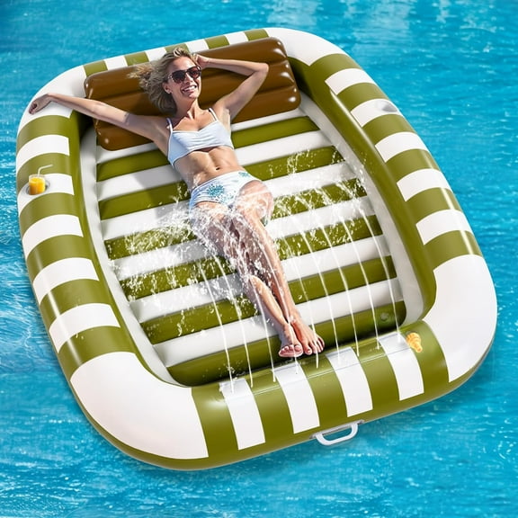 Pool Wave Inflatable Pool Lounger Floats, 80" x 66" Large Tanning Bed for Adult , Outdoor Sun Bathing Floating Blow up Raft W/Pillow, Spray Water Mat, Summer Beach Lake Family Party Gift - Green
