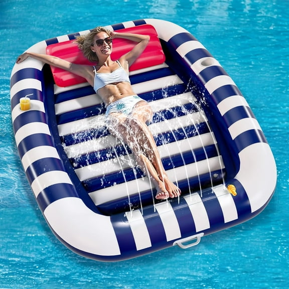 Pool Wave Inflatable Pool Lounger Floats W/Water Sprinkler, 80" x 66" Large Tanning Bed for Adult Outdoor Sun Bathing Floating Blow up Raft W/Pillow, Summer Beach Lake Family Party Gift - Blue