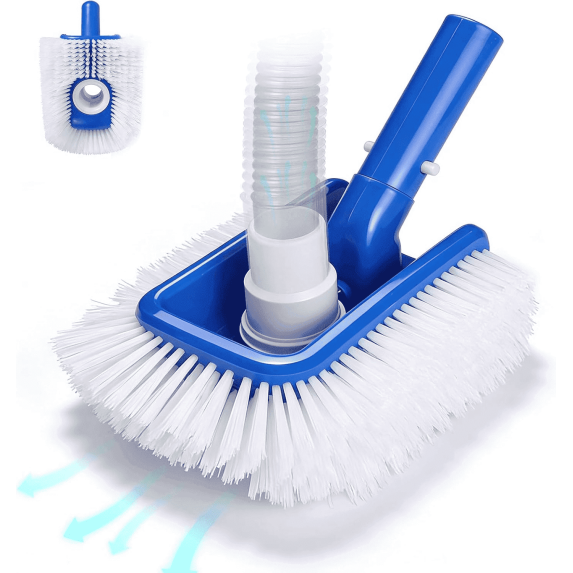 Pool brush head with vacuum attachment, suitable for in-ground and above-ground pools, compatible with 0.64 cm or 1.27 cm rotating hose connections