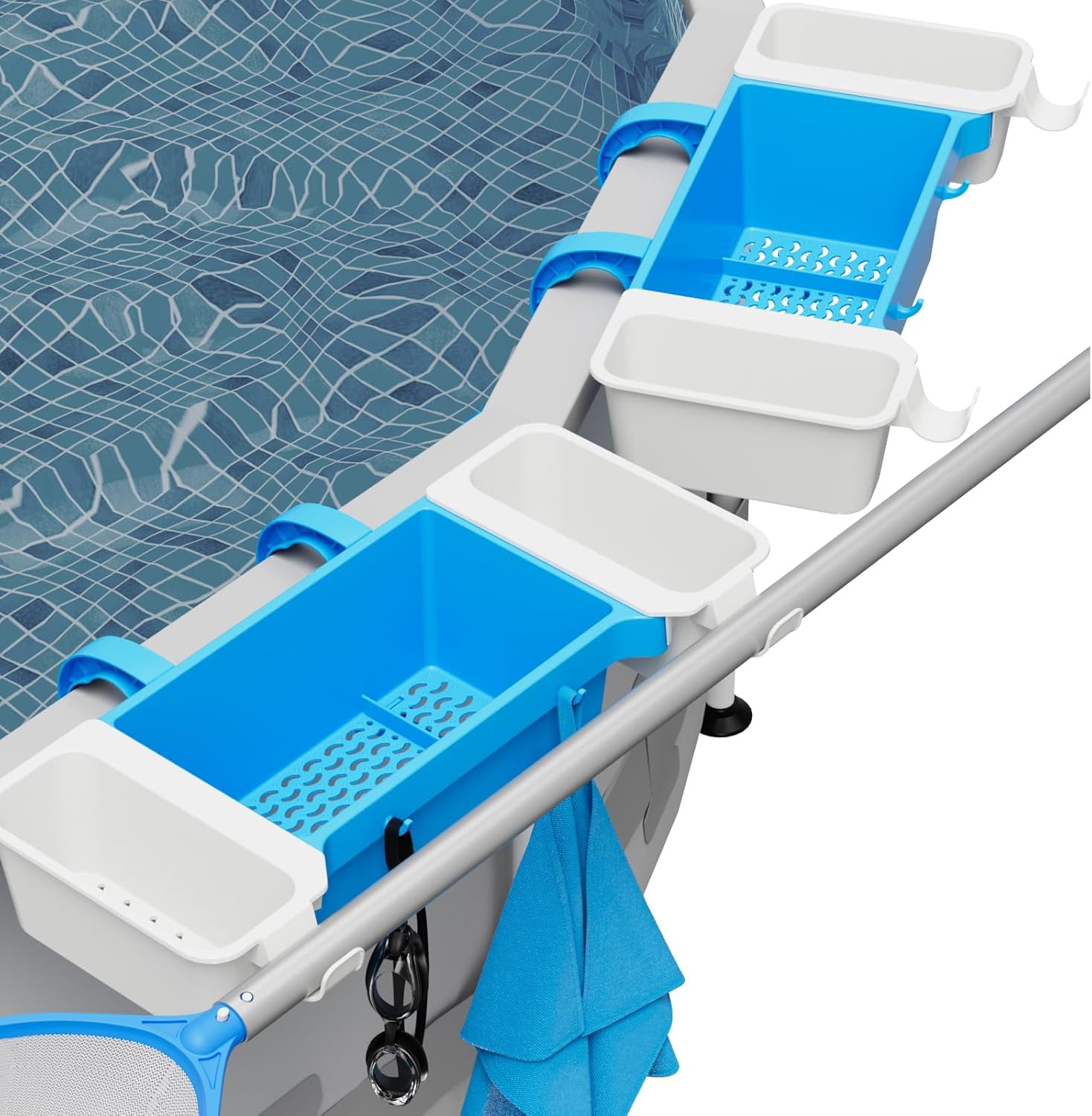 Pool storage basket with cup holder and pole hanger, extendable pool ...