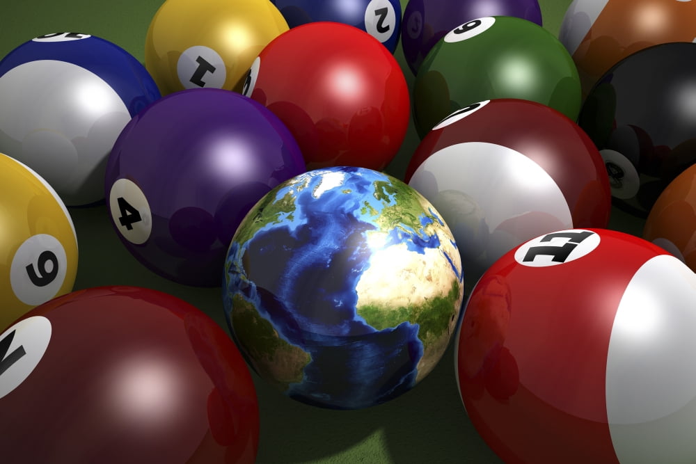 Pool table with balls and one of them as planet Earth Canvas Art - Leonello CalvettiStocktrek Images (18 x 12)