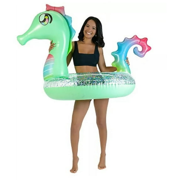 PoolCandy 42 Inch Holographic Glitter Seahorse Jumbo Inflatable Swimming Pool Tube