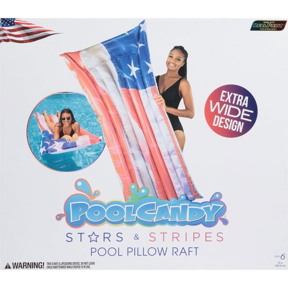 PoolCandy Deluxe Pillow Raft Pool Float Stars & Stripes - Extra Wide Inflatable - 72 In. Residential Use, Standard Application