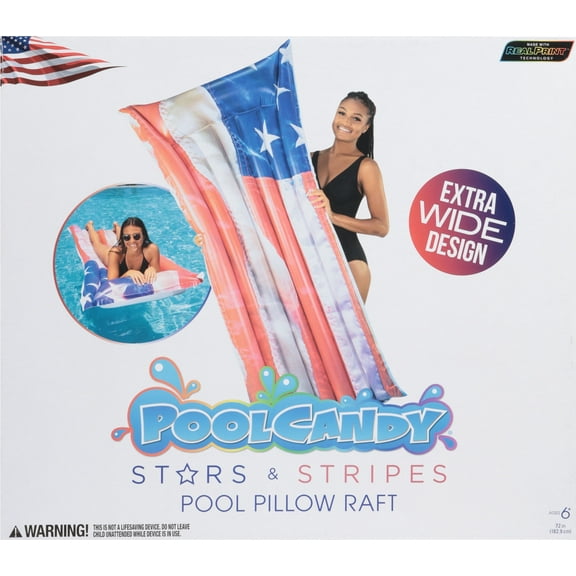 PoolCandy Deluxe Pillow Raft Pool Float Stars & Stripes - Extra Wide Inflatable - 72 In.