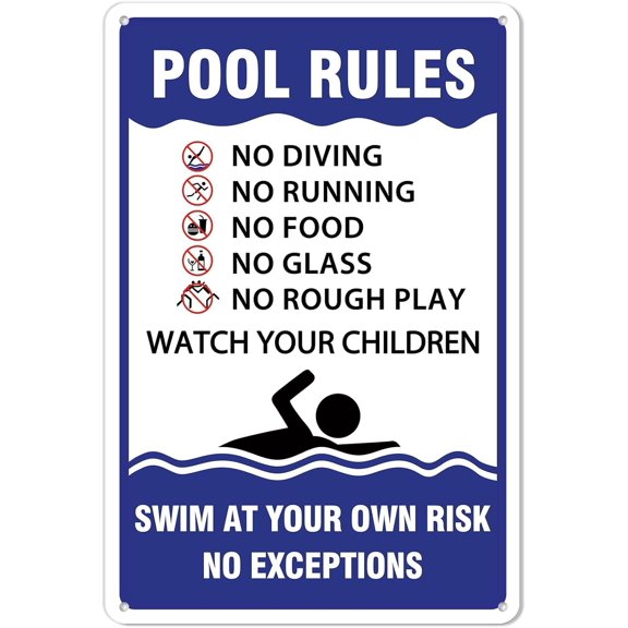 Poola Rulesa NO DIVING RUNNING FOOD GLASS ROUGH PLAY Metal Tin Sign 8x12 Inch Caution Plaque Signage Marker for Swimming Pool Spa Resort Hotel Community Club Home Business Outdoor Indoor Wall Decor