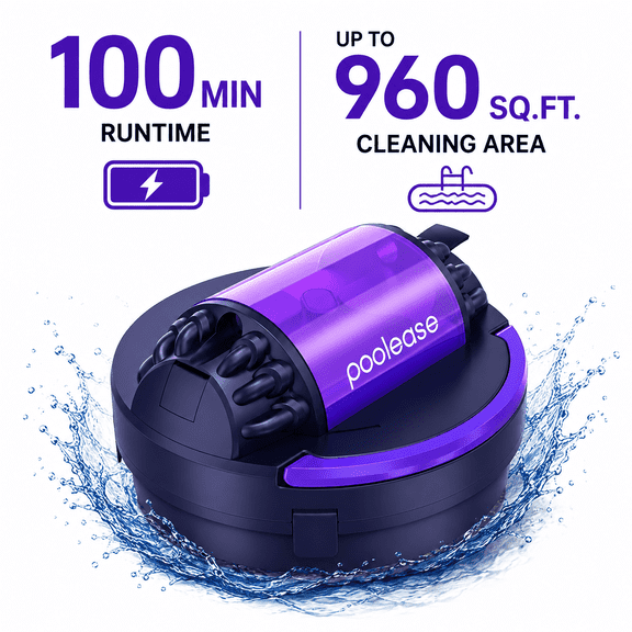 Poolease Cordless Pool Vacuum Robot High-Powerful Motors Strong Suction, Self-Parking, 100 Min Runtime for Above/In-ground Flat Pool up to 960 Sq.ft