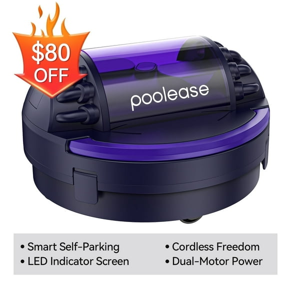 Poolease Cordless Robotic Pool Cleaner, Pool Vacuum for Above Ground Pool, Self-Parking, LED Indicator, Dual-Motor Ideal for Above/Inground Pool
