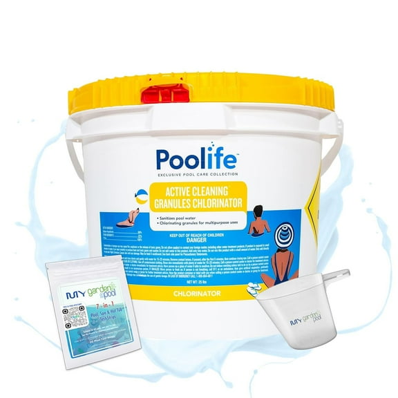 Poolife Active Cleaning Granules 25 lb  Powerful Cal Hypo Shock  Clears Cloudy Pool Water Fast  Includes My Garden Pool Measuring Cup and 7-in-1 Test Strips