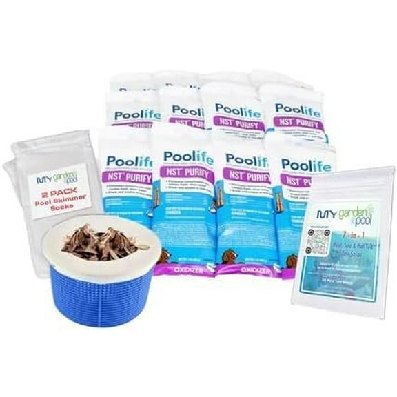Poolife NST Purify 12 lb  Stabilizer-Free Chlorine Shock for Pools  Tablet Shock Formula  Includes 2 Scum Socks and 7-in-1 Test Strips - 12 Pack