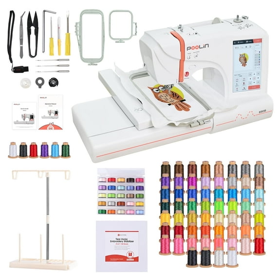 Poolin EOC05 4" x 9.25" Embroidery Machine with 60 Rolls 800M Embroidery Thread Spools and Accessories