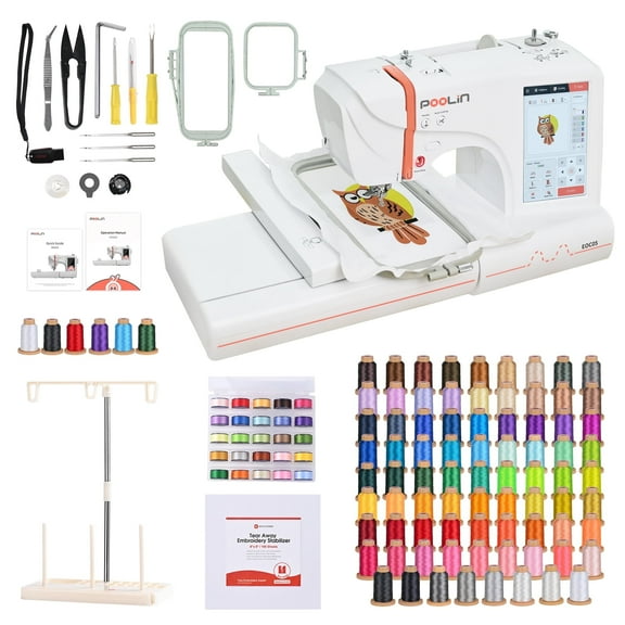 Poolin EOC05 4" x 9.25" Embroidery Machine with 80 Rolls 800M Embroidery Thread Spools and Accessories