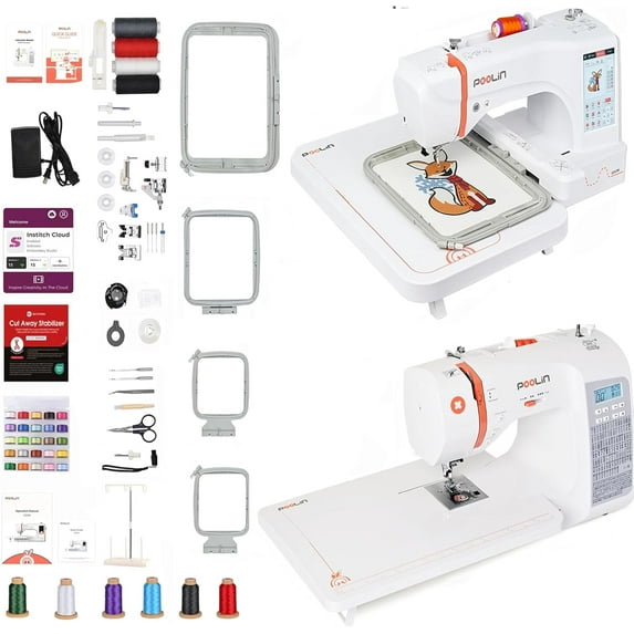 Poolin EOC06 Embroidery Machine and EOC02 Computerized Sewing Machine with Wide Table,293 Stitch for Beginners