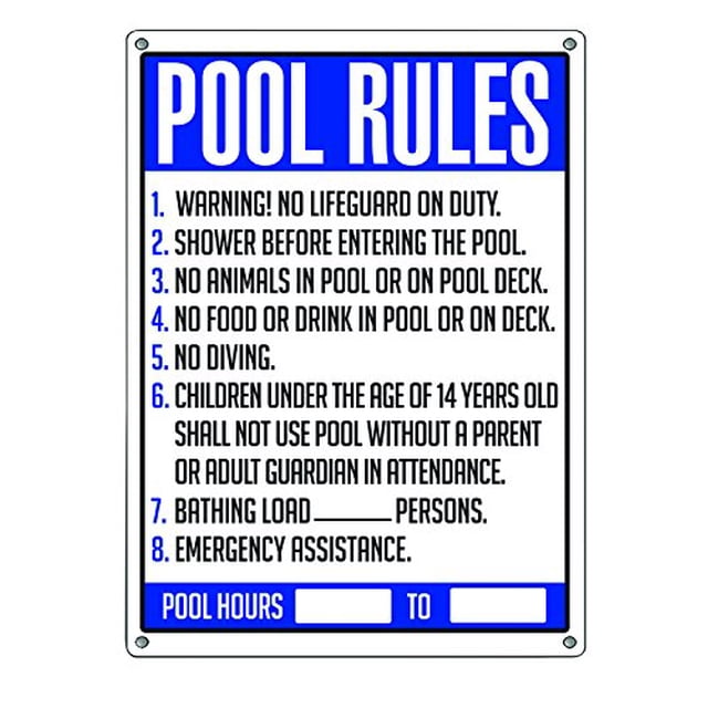 Pool Rules & Safety Sign – 8"x12" Aluminum, No Diving & Hours Warning, USA Made, Customizable