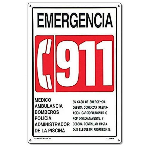 Poolmaster Spanish Language "Emergency 911" Sign for Residential or Commercial Swimming Pools and Spas
