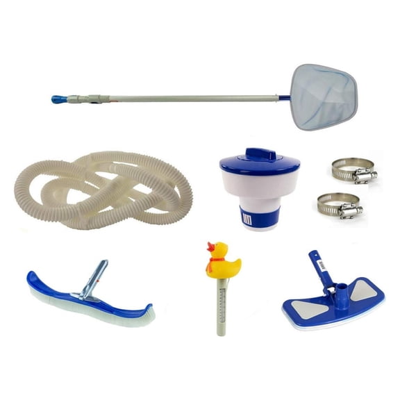 Pools Deluxe Maintenance Kit for Above Ground Swimming Pools | 10-Foot Telescoping Pool Pole | 18' Pool Hose | Vacuum Head | Chlorine Dispenser | Pool Wall Brush Deluxe | 18' Hose