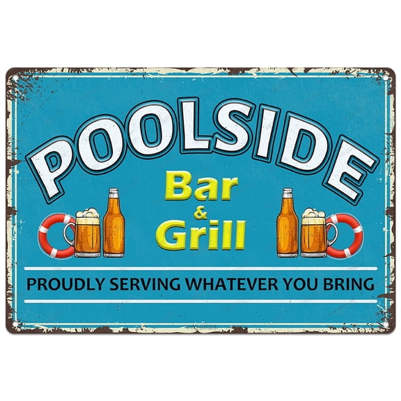 Poolside Bar and Grill Sign Decor Swimming Pool Decorations Outdoor Durable Metal Signs Plaque for Beach Home Bar Pool Deck Backyard Fence Walls 12X8 Inch Aluminium Hanging Plaque