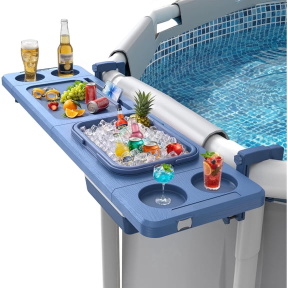 Poolside Bar Table with Built-in Cooler Compartment 110lbs Capacity Adjustable 2.4-5.7 Inch Brackets Round Above-Ground Pools Ice Bucket Spa