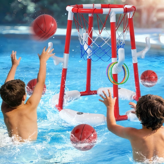 Poolside Basketball & Ringtoss Game Toy, Swimming Pool Basketball Hoop with 4 Balls &4 Rings, Basketball Toy for Kids 3+