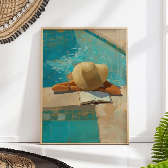 Poolside Beach House Woman Reading Book Wall Art, Stretched Canvas 8x10in
