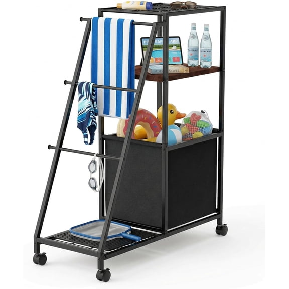 Poolside Cart with Wheels, Pool Outdoor Towel Rack Freestanding, Rolling Organizer Caddy with Storage Bin for Towels, Toys & Drinks, Patio & Hot Tub Accessories, MetalBlack