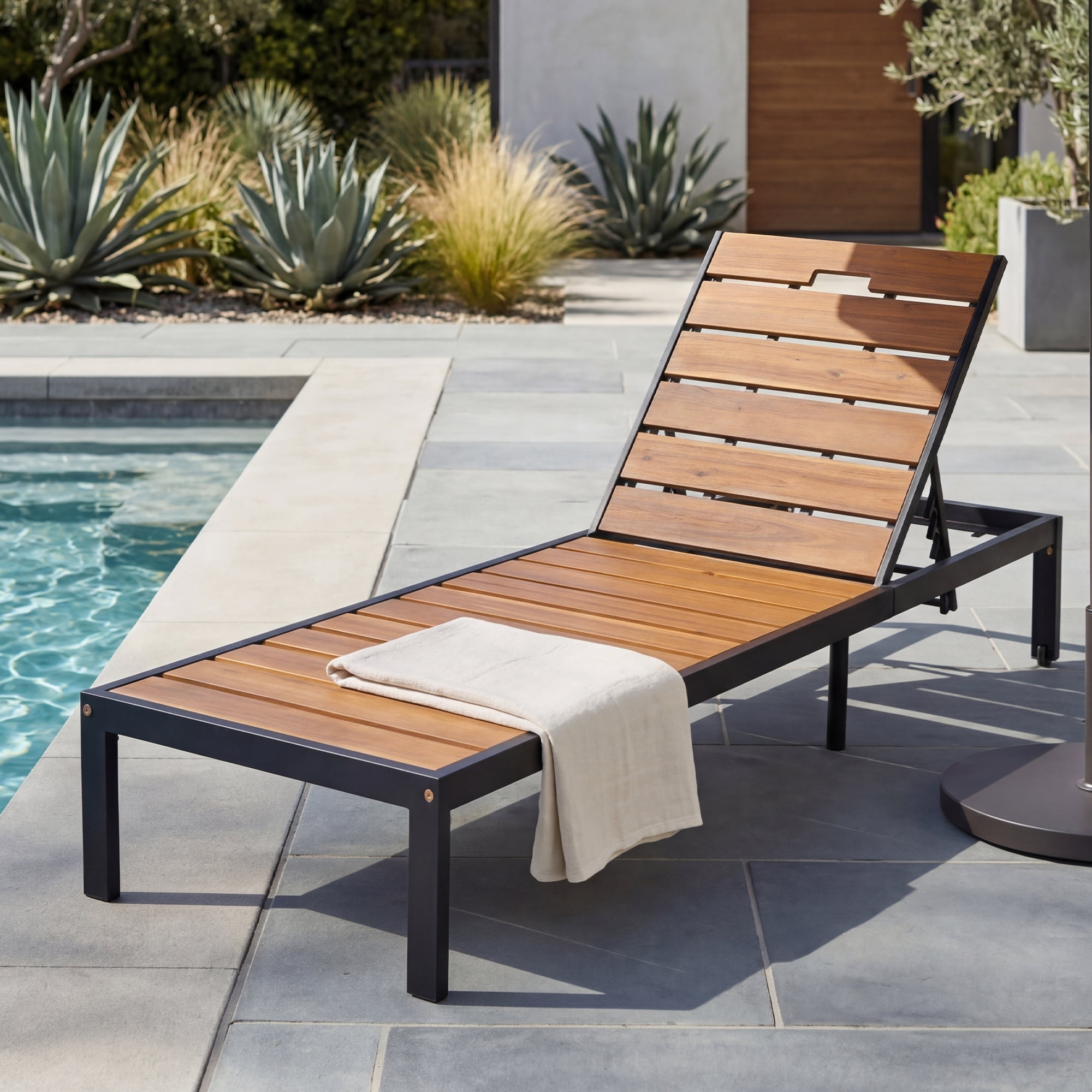 Poolside Chaise Lounge Set, Outdoor Recliner Daybed for Patio Poolside, Black and Natural