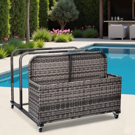 Outdoor Wicker Pool Float Storage Organizer, PE Rattan Pool Toy Caddy Cart with Rolling Wheels for Towels, Noodles & Cushions, Large Patio Storage Bin, Grey