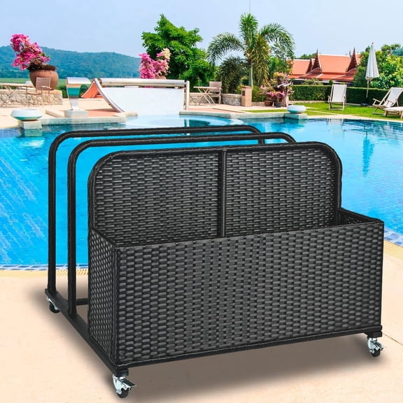 Outdoor Wicker Pool Float Storage Organizer, PE Rattan Pool Toy Caddy Cart with Rolling Wheels for Towels, Noodles & Cushions, Large Patio Storage Bin, Black